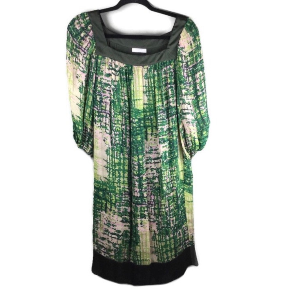 Badgley Mischka Silk Crepe Watercolor Print Square Neck Puff Sleeve Shift Dress